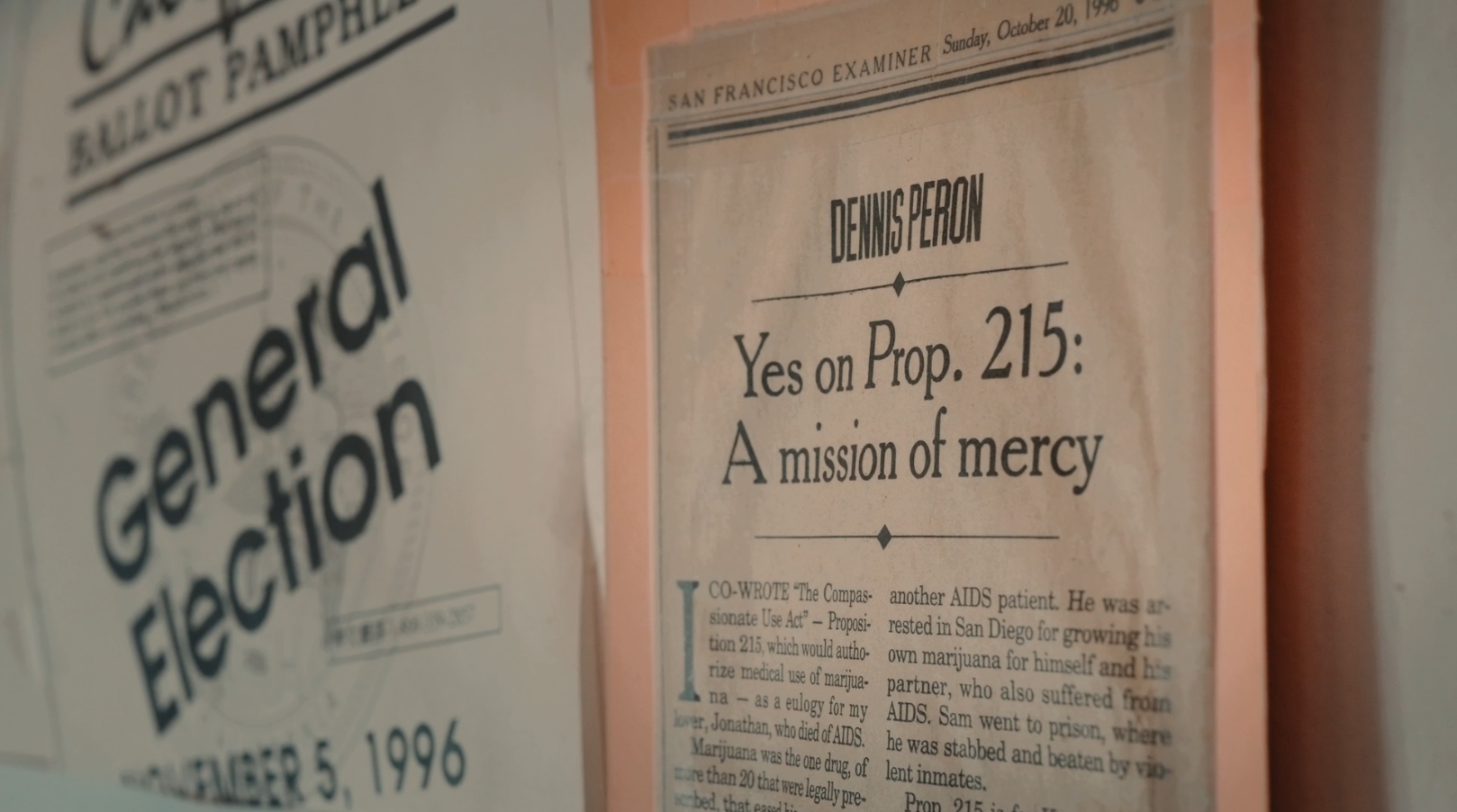 A newspaper article hangs on a wall about California Proposition 215, which legalized medical marijuana in the state.